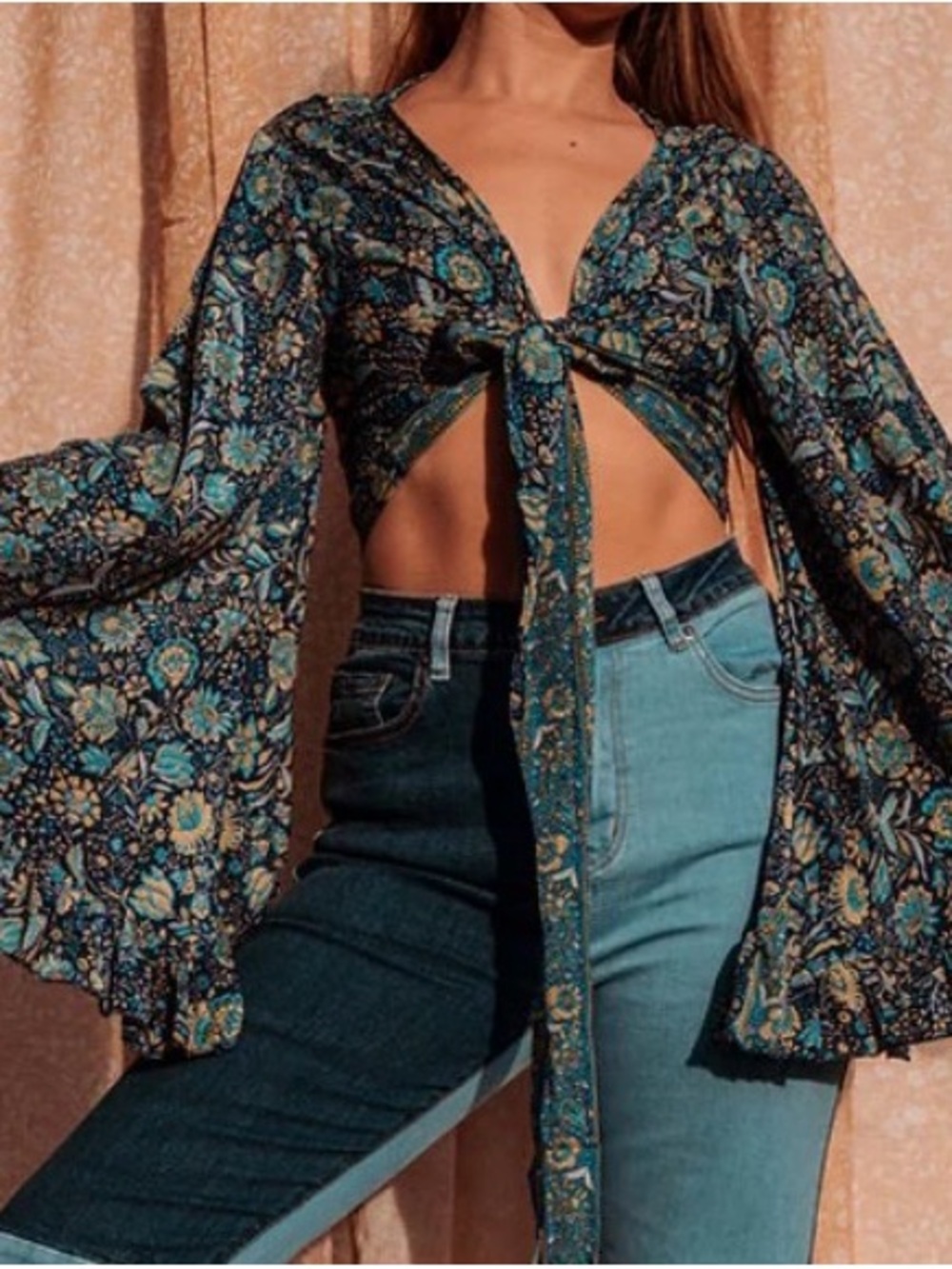 Tie-Front Floral Blouse in Teal and Green - Picture 3 of 9